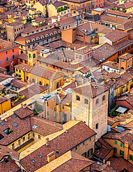 View of the city of Bologna. A city of long street galleries and leaning medieval towers. Italy