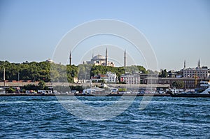 View of the city from the Bosphorus to the mosque of Hagia Sofia in Istanbul, Turkey