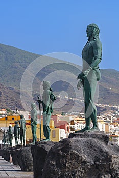 View of the city of Candelaria with the statues of the Guanche gods, in Tenerife, Canary Islands