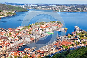 View of city center Bergen with harbor from Floyen in Norway, UNESCO World Heritage Site