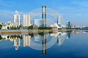 View of city center skyline and Iset river. Yekaterinburg. Russia