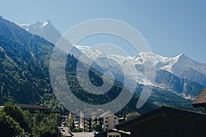 View of the city centre of Chamonix, famous ski resort located in Haute-Savoie, France