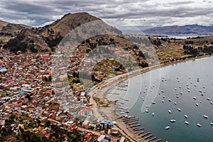 View of the city of Copacabana from the Cerro del Calvario on Lake Titicaca photo