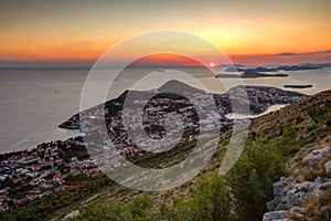 View of city of Dubrovnik at sunset