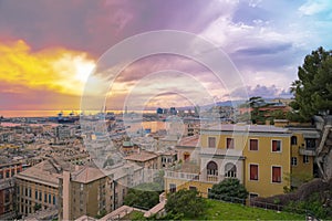 View of the city of Genoa at sunset - Liguria - Italy