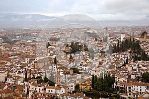 View of the city of Granada from the top of the hill where is the Alhambra Palace.
