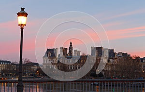 View of city hall of Paris at sunrise , France.