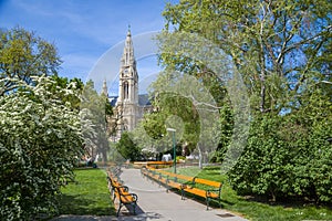 View of the City Hall from Rathaus Park alley. Vienna, Austria