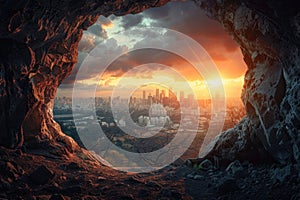 A view of a city from inside a cave