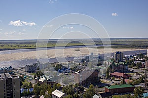 View of the city, the Irtysh river and the river port.