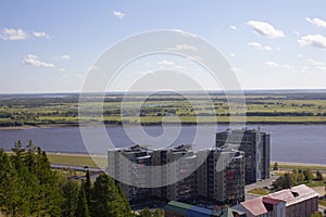 View of the city, the Irtysh river and the river port.