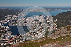 View of city and its vicinity from mountain. Bergen, Norway