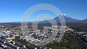 View of the city from Mishennaya Sopka. Aerial view of Petropavlovsk-Kamchatsky from a bird`s eye view.