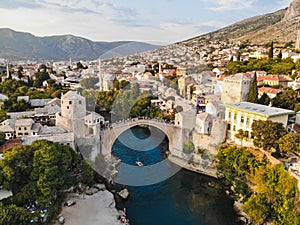 View of the city of Mostar in Bosnia and Herzegovina in summer with a drone photo