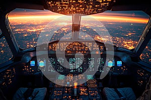 View of the city at night from the Boeing cockpit.