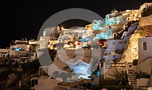 View of the city at night. Oia, Santorini, Greece. beautiful sky with stars