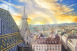 View of the city from the observation deck of St. Stephen`s Cathedral in Vienna, Austria