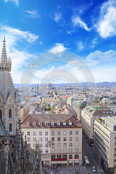 View of the city from the observation deck of St. Stephen`s Cathedral in Vienna, Austria