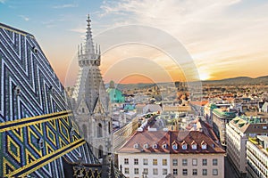 View of the city from the observation deck of St. Stephen`s Cathedral in Vienna, Austria