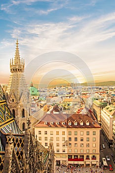 View of the city from the observation deck of St. Stephen`s Cathedral in Vienna, Austria