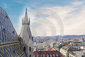 View of the city from the observation deck of St. Stephen`s Cathedral in Vienna, Austria