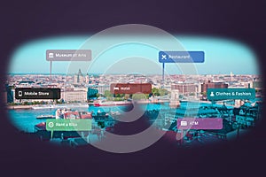 View of the city panorama with VR glasses. The interface shows the locations of restaurants, hotels, shops, museums