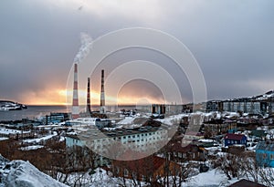 View of the city of Petropavlovsk-Kamchatsky in the evening during the sunset in winter