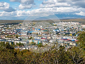 View of the city of Petropavlovsk-Kamchatsky from Mishennaya Sopka. Kamchatka Peninsula, Russia