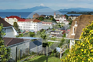 View of the city of Puerto Varas and Llanquihue lake and Osorno volcano (Chile)