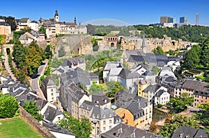 View from the city ramparts down to the Plateau du Rham & Grund areas of Luxembourg city, the Grand Duchy Luxembourg.