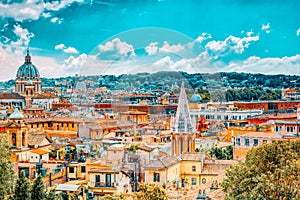 View of the city of Rome from above, from the hill of Terrazza del Pincio. Italy