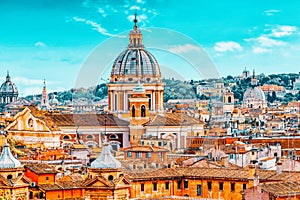 View of the city of Rome from above, from the hill of Terrazza del Pincio. Italy