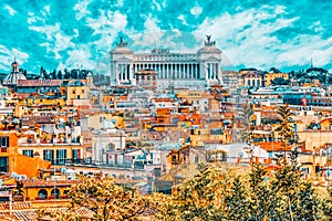 View of the city of Rome from above, from the hill of Terrazza del Pincio. Italy