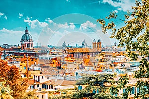 View of the city of Rome from above, from the hill of Terrazza del Pincio. Italy