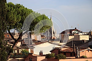 view of the city of Rome in Italy with rooftops and Roman architectures view