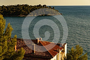 A view of the city\'s red tiled roofs with the sea in the background