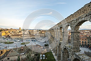 View of the city of Segovia with the Roman stone aqueduct