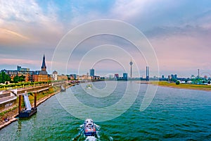 View at the city skyline central Dusseldorf from the rhine river, Dusselfdorf Germany