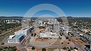 View of city skyline featuring tall skyscrapers and empty streets of Gaborone, Botswana, Africa