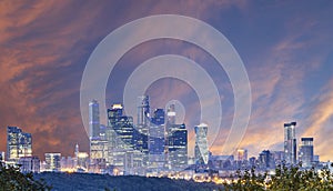 View of the city and skyscrapers Moscow city from Sparrow Hills or Vorobyovy Gory observation platform, Russia