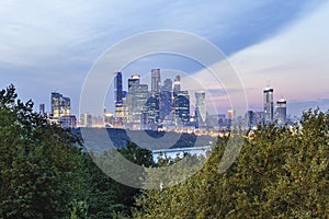 View of the city and skyscrapers Moscow city from Sparrow Hills or Vorobyovy Gory observation platform, Russia