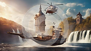 view of the city Steam punk boat flying over a waterfall of sparks, with a clock tower and a helicopter