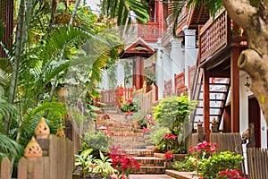 View of the city street in Louangphabang, Laos. Vertical. Close-up.