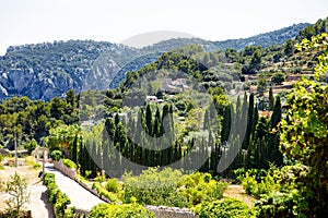 View on city Valldemossa with traditional flower decoration, famous old mediterranean village of Majorca. Balearic
