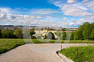 View of the city of Vienna and Schonbrunn Palace, a beautiful postcard, a path in the park