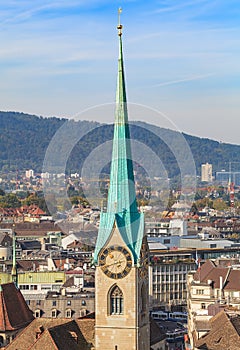 View of the city of Zurich from the tower of the Grossmunster ca