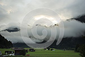 View cityscape and landscape of Pfunds city with grass field and mountain in Tyrol, Austria