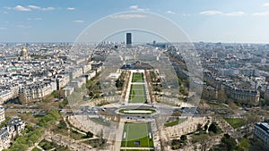 View of cityscape of Paris, France with major attractions of Paris - Champ de Mars, Tour Montparnasse, Hotel National