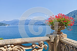 View of classic terrace in the park of Villa del Balbianello, Lake Como, Lenno, Lombardia, Italy