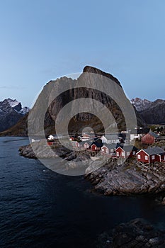 View of classic wooden fishermen\'s huts at HamnÃ¸y in Lofoten, Norway photo